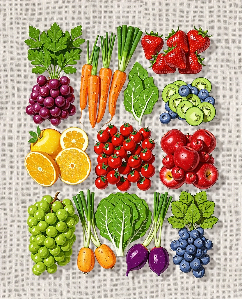 Variedad de vegetales y frutas frescas para una nutrición equilibrada